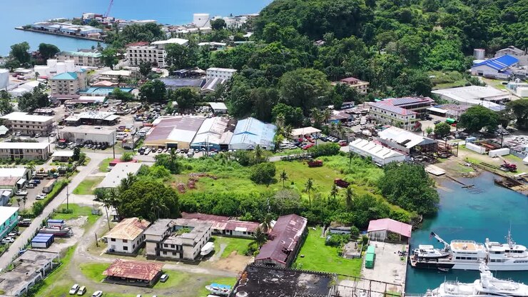 Un'inquadratura aerea da drone rivela una città costiera tropicale e un porto turistico con yacht di lusso e vegetazione.