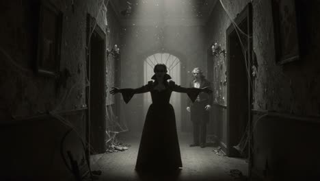 a mysterious encounter in a haunting corridor, filled with shadows and webs, where an eerie presence stands in the distorted light of a sinister space