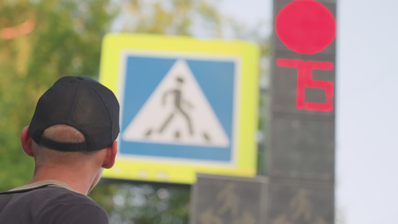 Man At Crossing Takes Brief Moment, Youthful Individual Momentarily Stops Amidst Urban Traffic Signals, Young Man With Closed Eyes Pauses Contemplatively Under City Lights And Crossing Signals