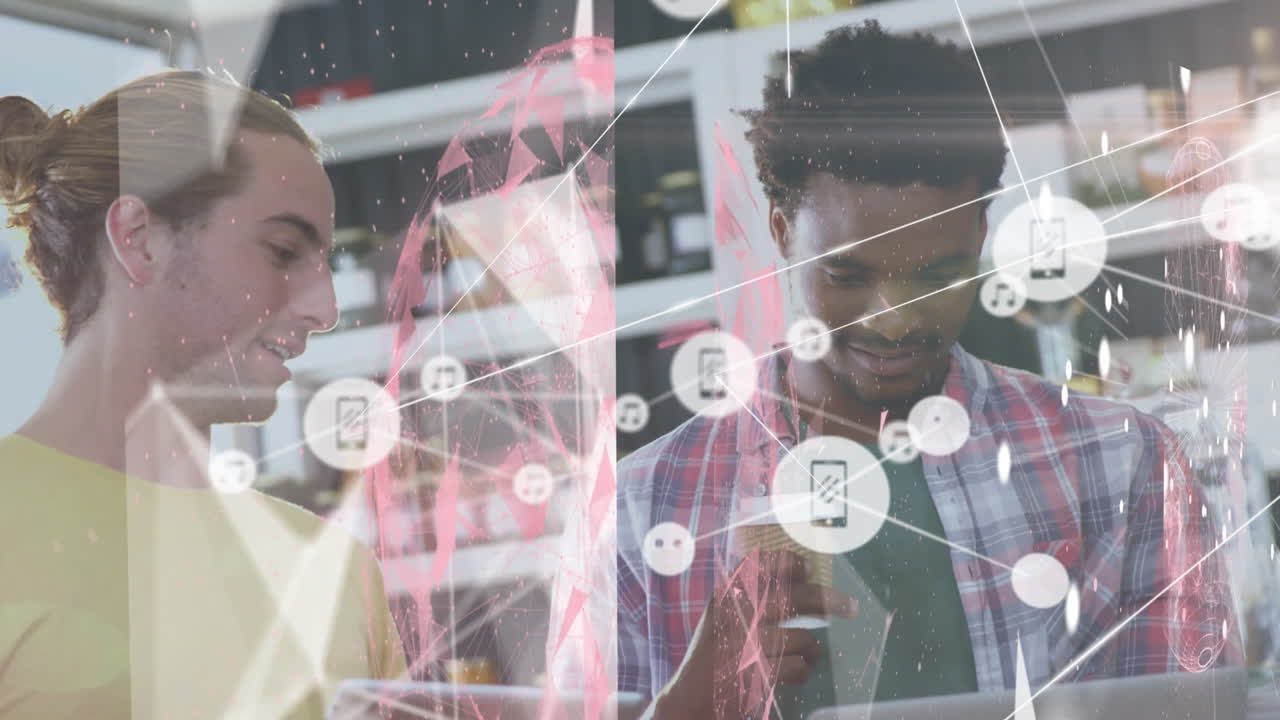 헤드 ⁇ 을 착용하는 행복한 다양한 사무실 직원들에 대한 연결 네트워크의 애니메이션