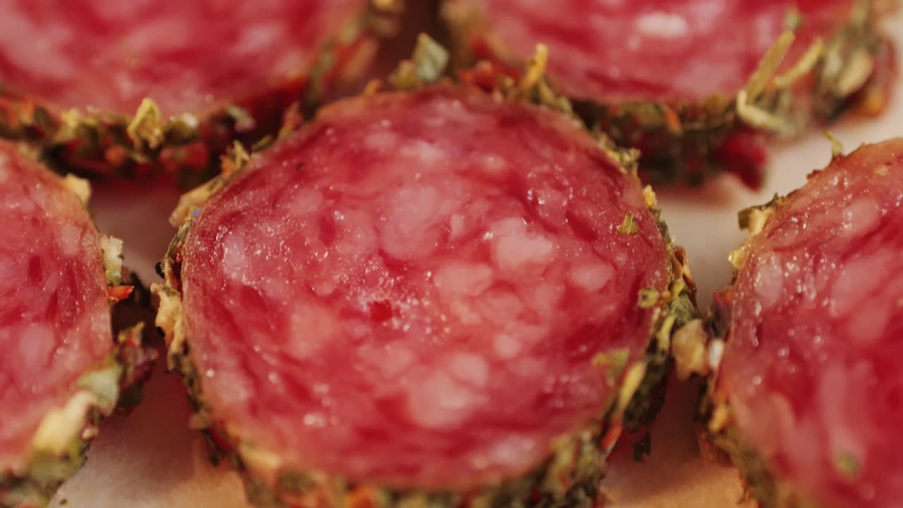 Mix of spanish pork sausages, Cutting board of appetizing catalonian snack - fuet, jamon, chorizo, olives, supermarket tapas food in spain, traditional cuisine.