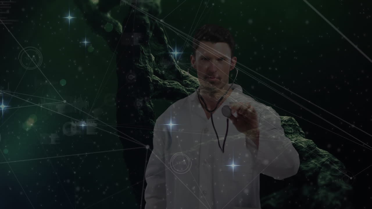 dna 구조에 대항하여 스테토스코프를 들고 있는 백인 남성 의사 위에 반이는 별들의 애니메이션.