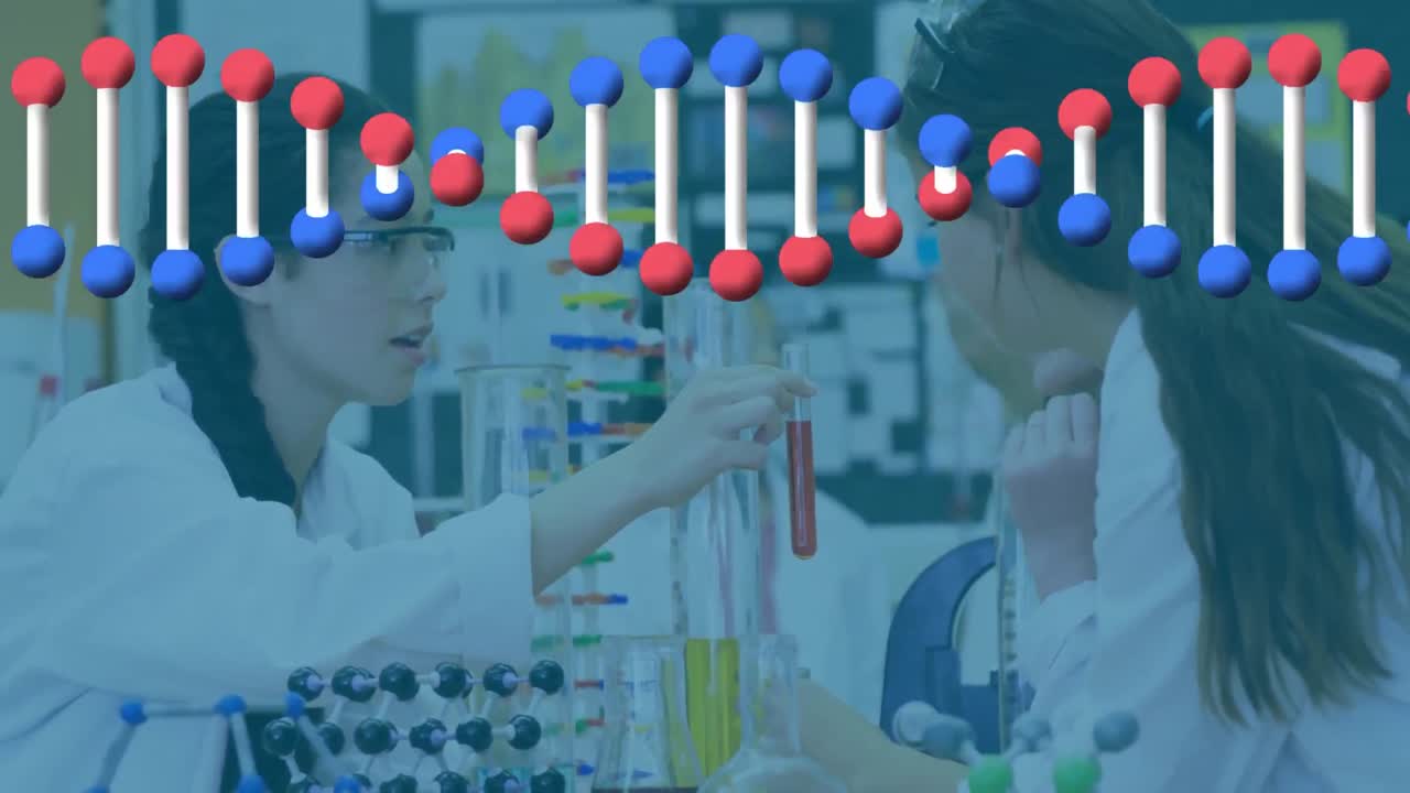 estructura de adn girando contra una chica caucásica un tubo de ensayo en el laboratorio