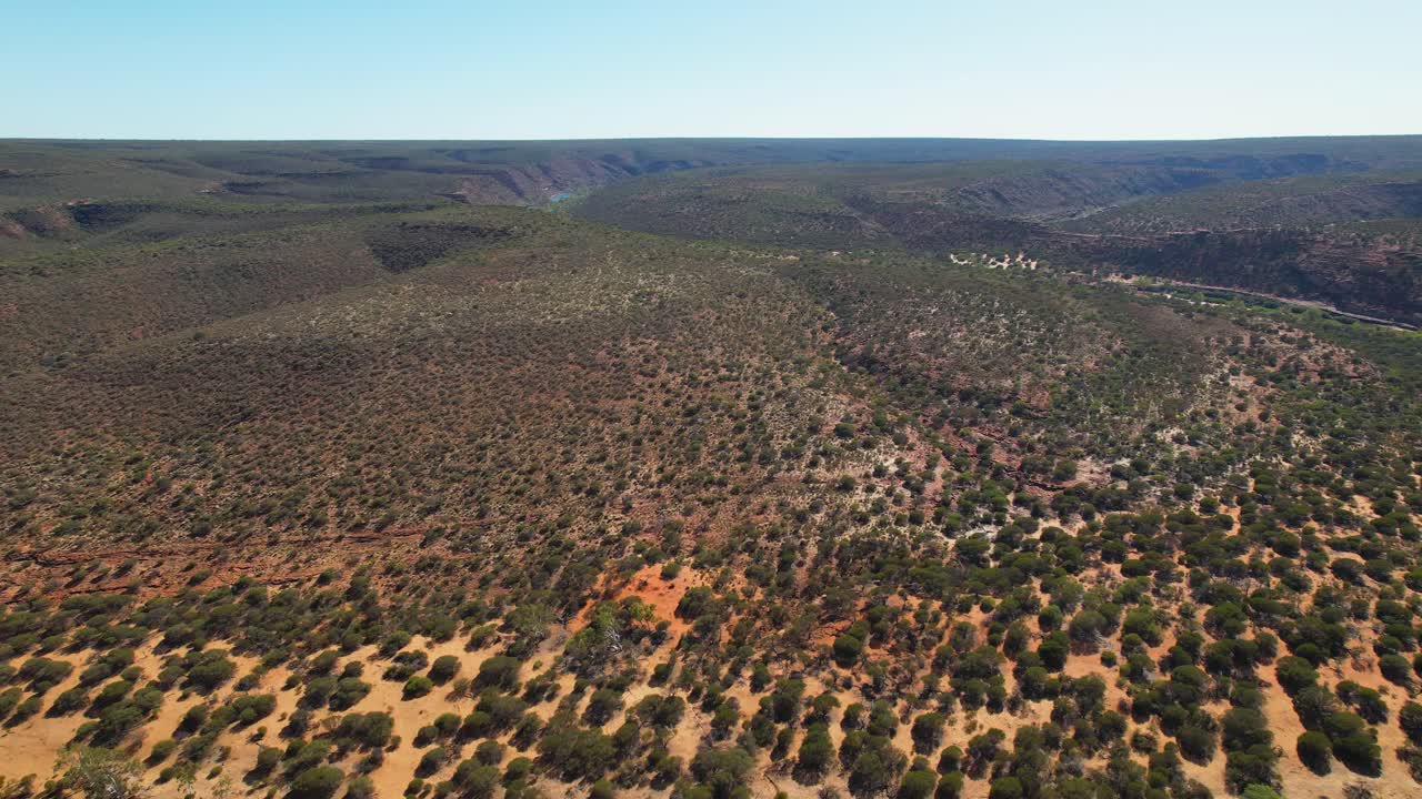 4K drone video flying over a couple standing at the end of the skywalk in Kalbarri National Park, Western Australia. The couple are enjoying the stunning scenic views all around them