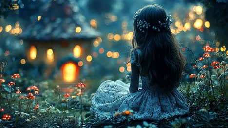 little girl admires glowing forest cottage at twilight