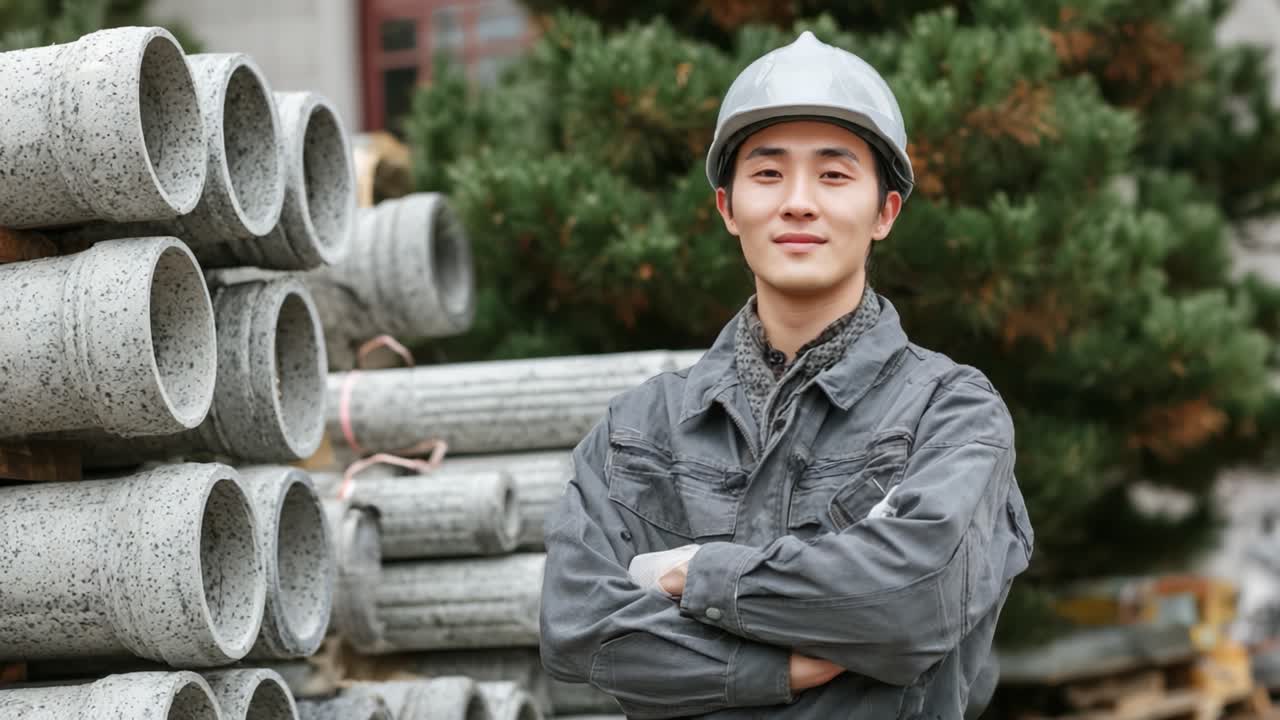 積み上げられたコンクリート管の中で微笑む自信に満ちた建設作業員：自身の技能と建設業界への誇り、そして献身を示す