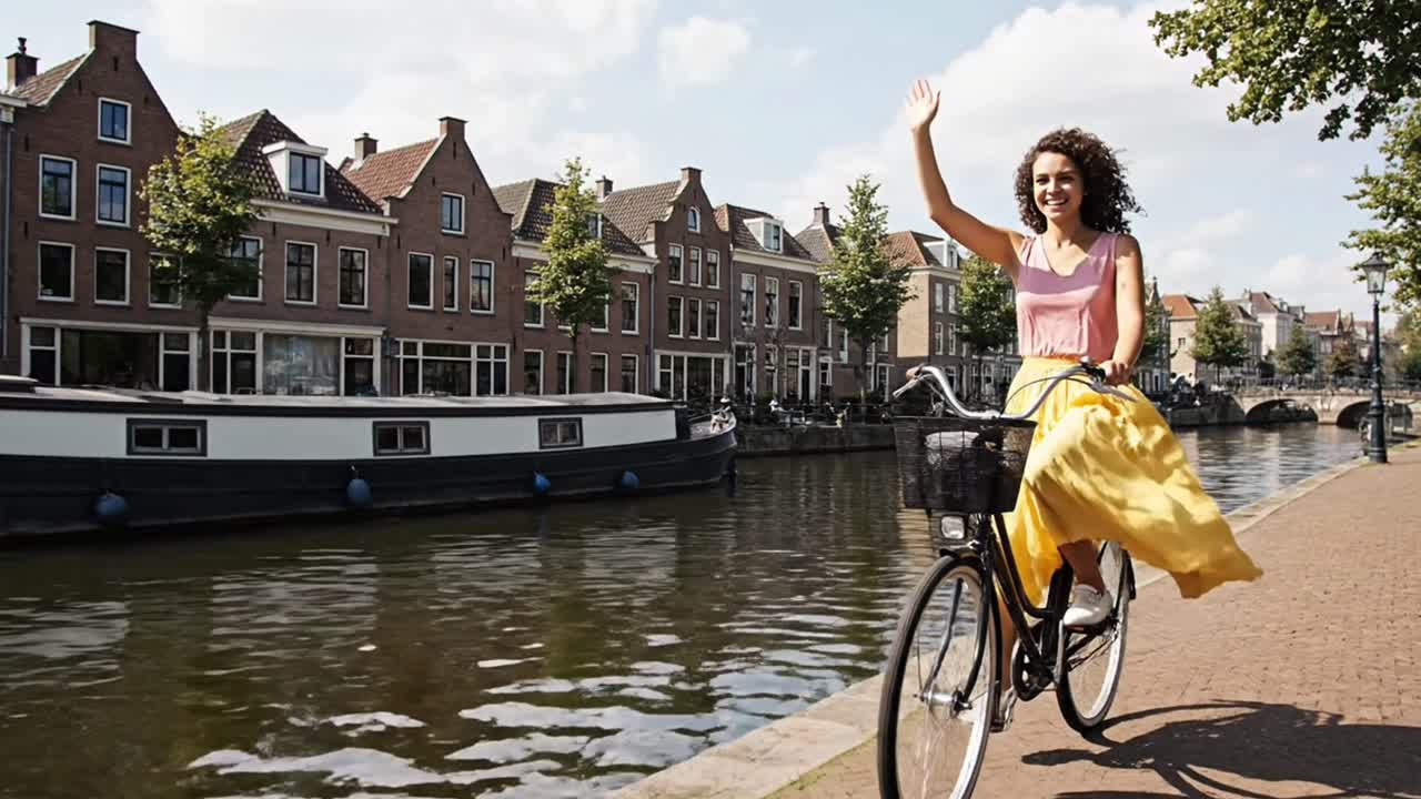 Donna felice in bicicletta che saluta con la mano ad Amsterdam.