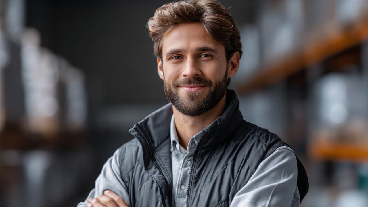 En selvsikker, ung mann smiler mens han poserer med armene i kors i et velfylt lager, og utstråler profesjonalitet og tilgjengelighet i et moderne arbeidsmiljø