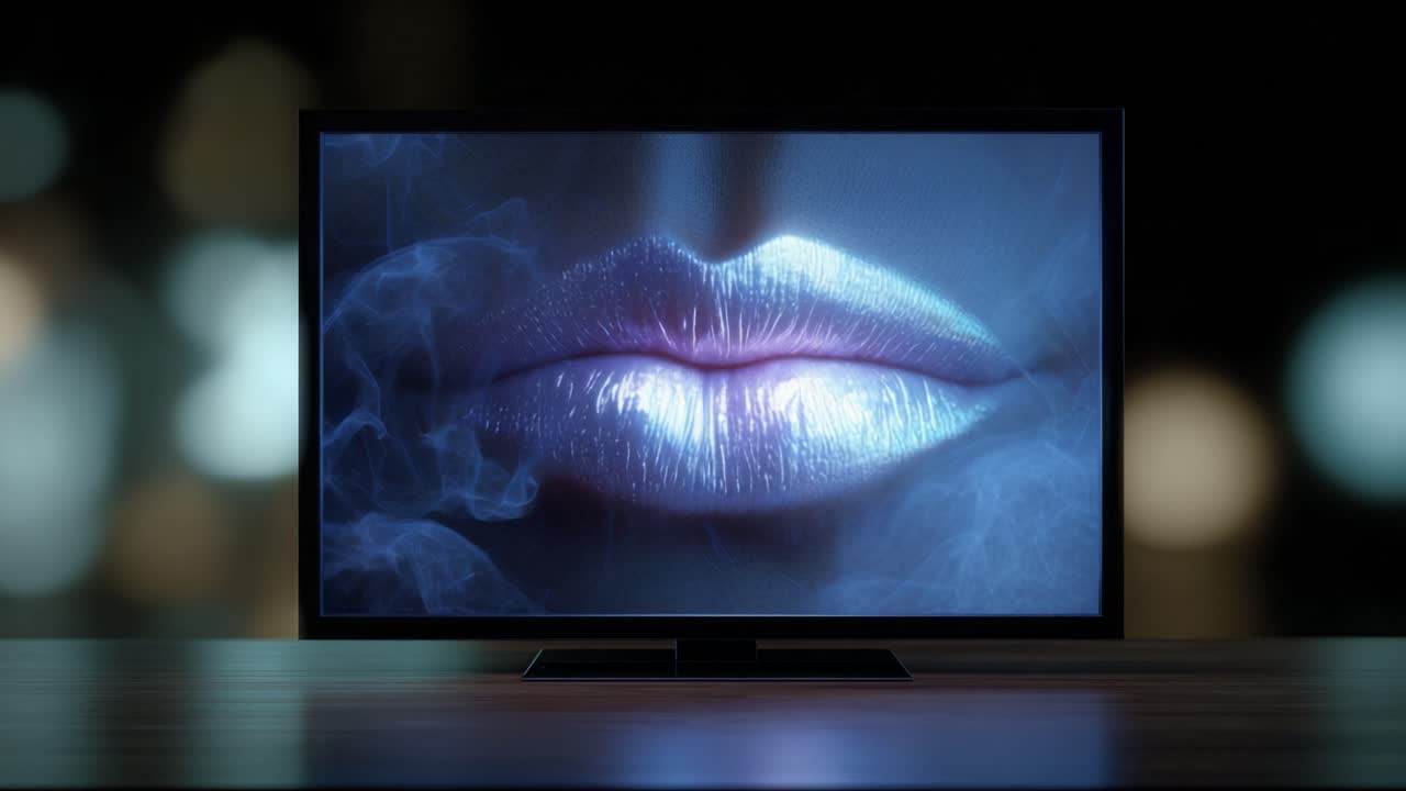 Stunning Close-Up of Shimmering Lips Surrounded by Wispy Smoke, Captured in an Artistic Display on a TV Screen, Emphasizing Sensuality and Mystery
