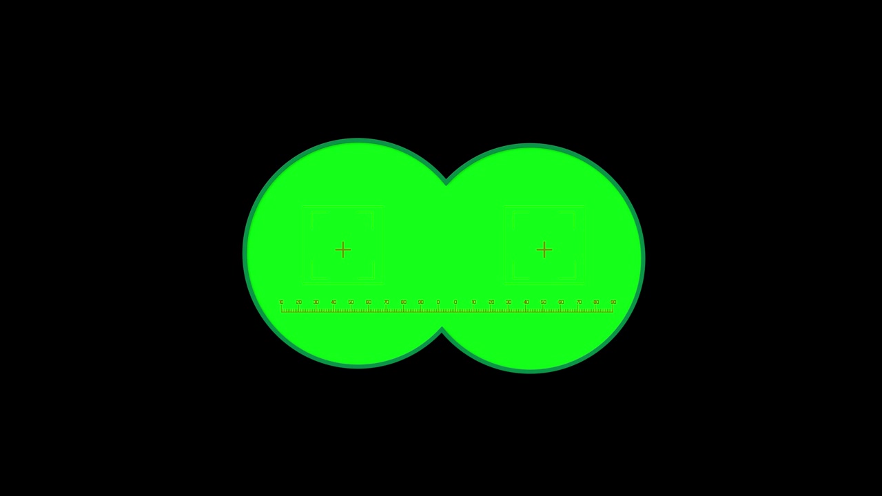 Dual lens chroma key visual with bright green binocular mask center measurement scale and dark