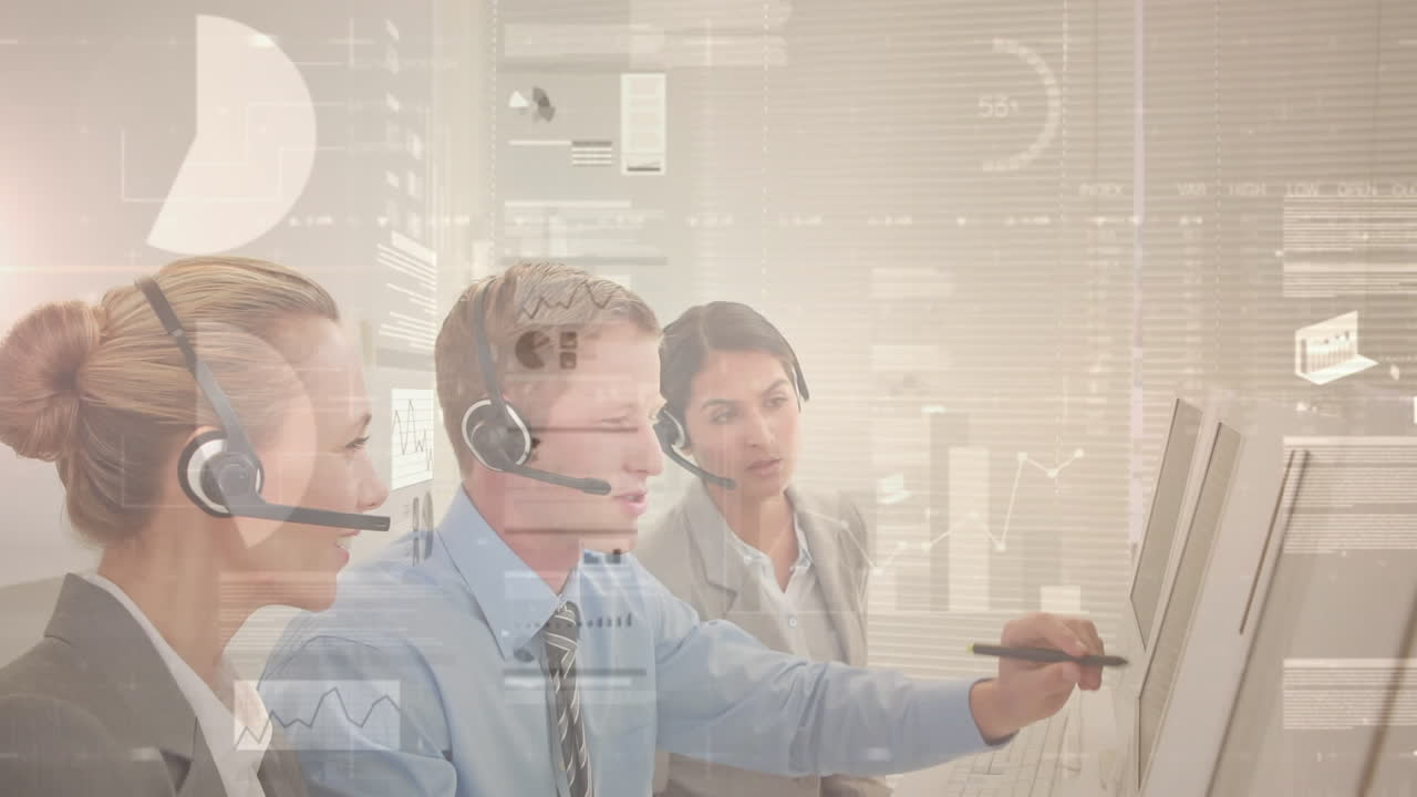 animación del registro de estadísticas sobre personas de negocios que usan auriculares telefónicos