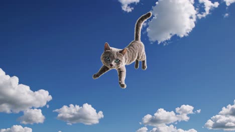 a grey cat flying in the sky