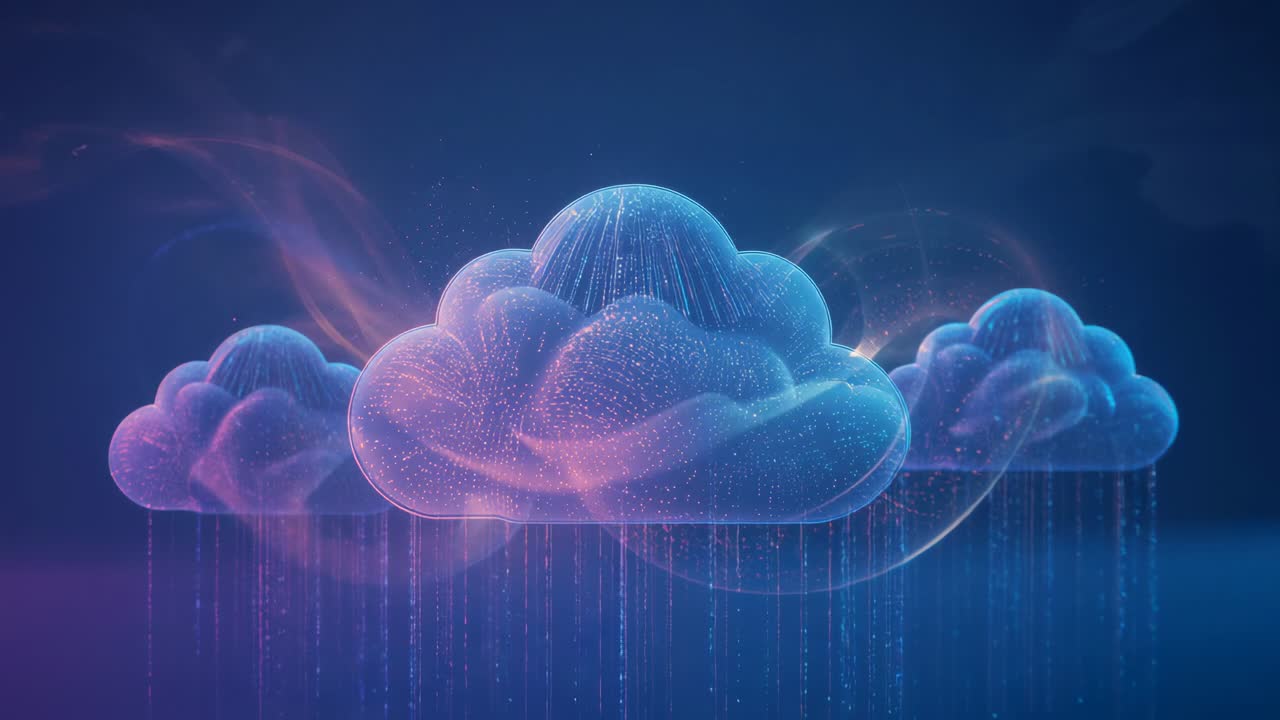 Starting three-cloud cluster shifting hues over blue-purple void, brightening particle rain syncing