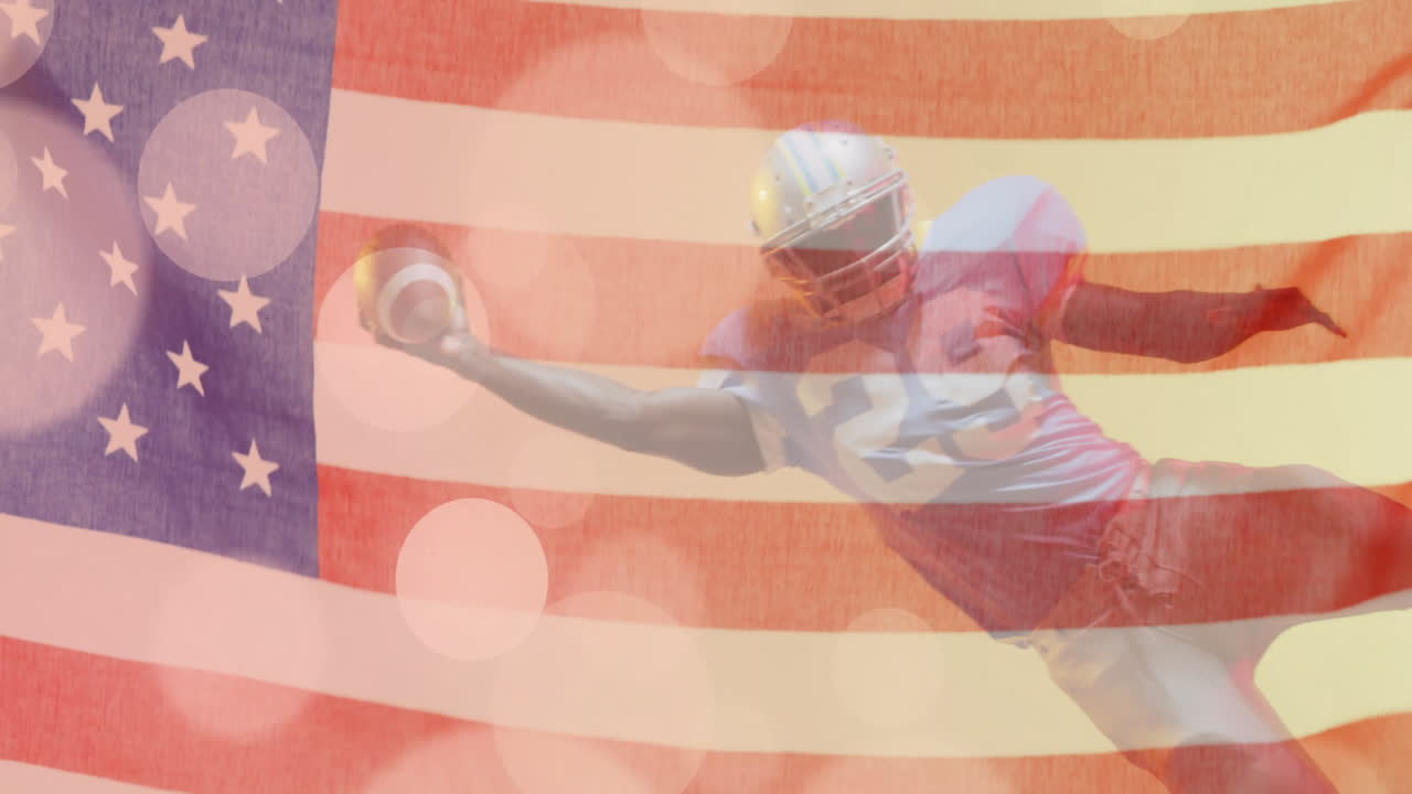 animación de un jugador de fútbol americano afroamericano con pelota y bandera de estados unidos