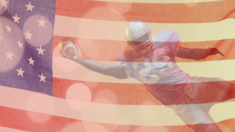 animation of african american american football player with ball and flag of usa