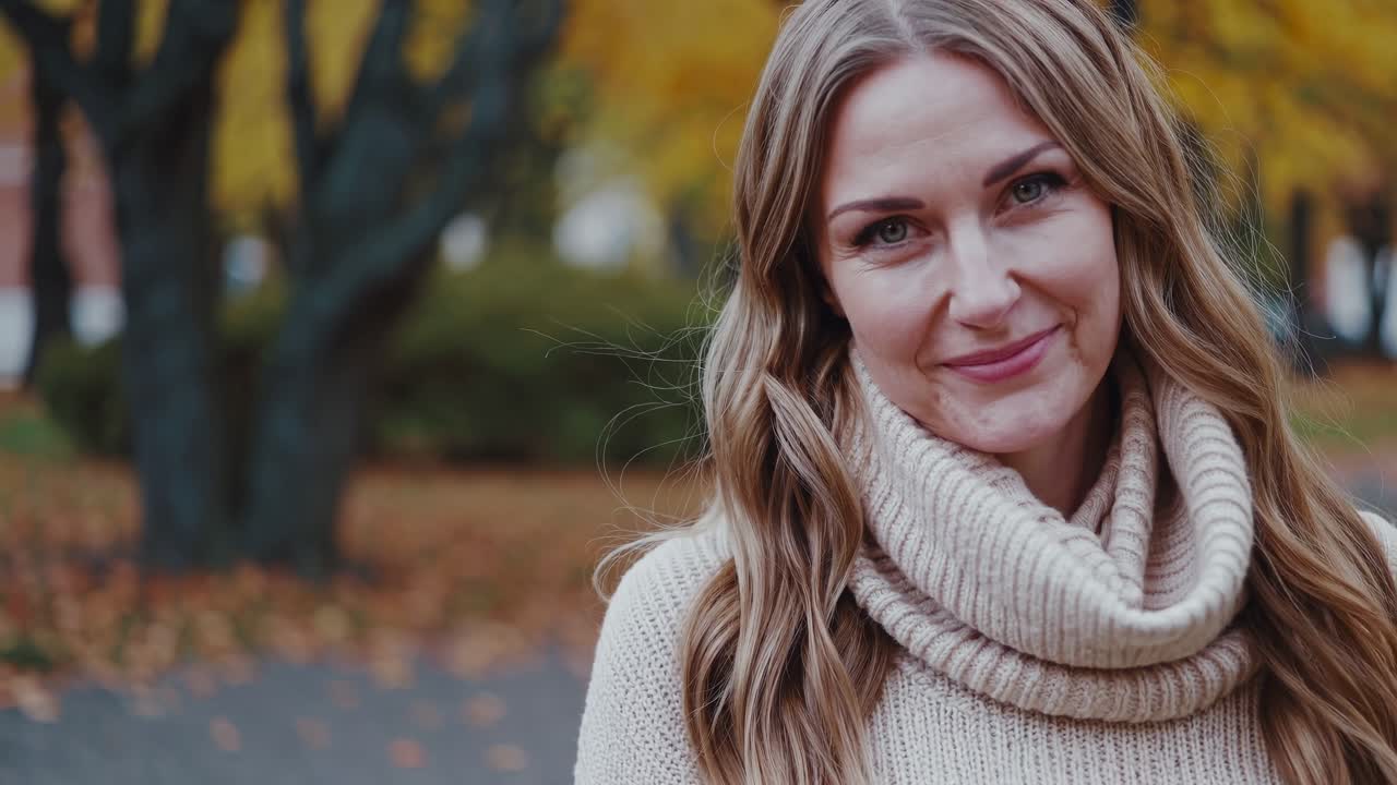 Elegant blond woman wearing cozy turtleneck sweater standing amid golden autumn park foliage, radiating peaceful serenity and confident charm during soft afternoon sunlight