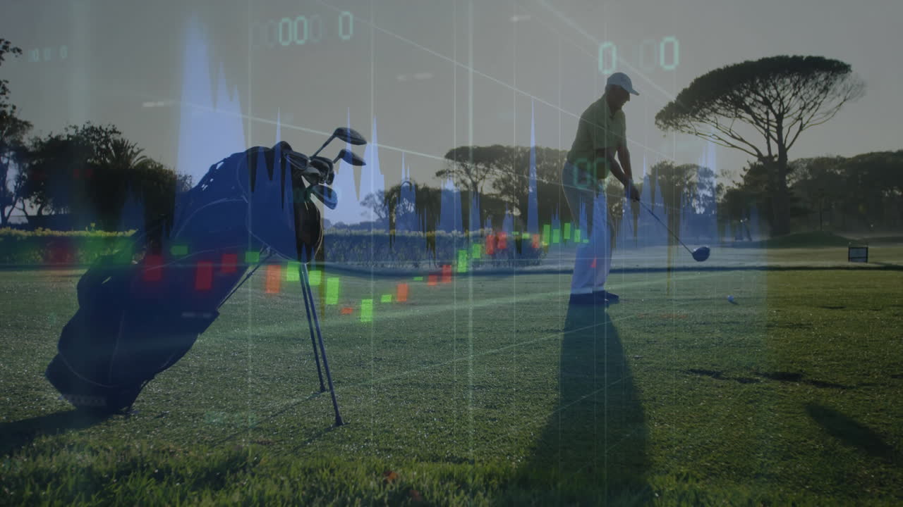 Senior golfer swinging driver on tee box at sunrise, overlaying faint stock market candlestick bars