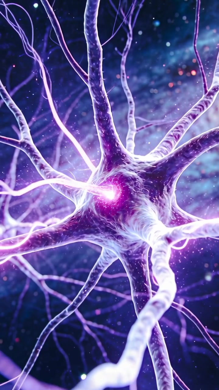 Vertical video: Pulsing soma sending purple signal from hotspot down spiral axon across neural net