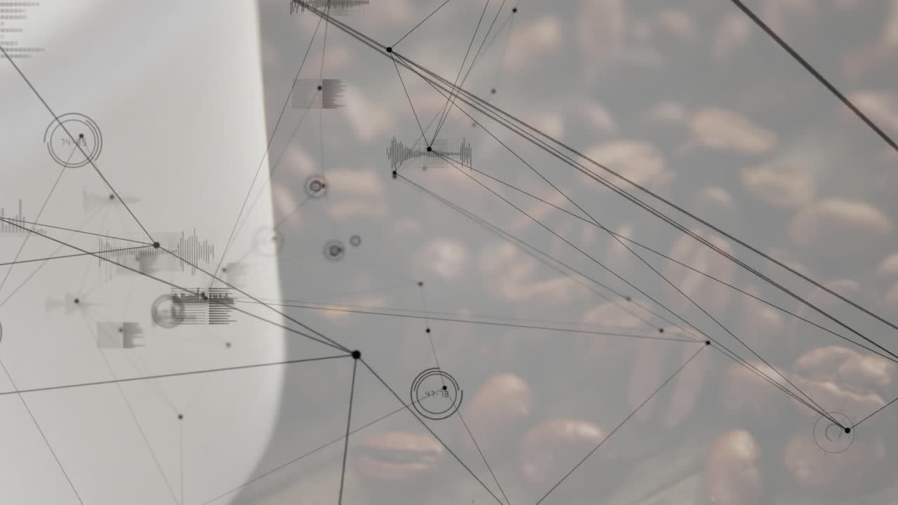 Rendering connected digital nodes with waveform bars and data gauges over coffee beans and cup rim