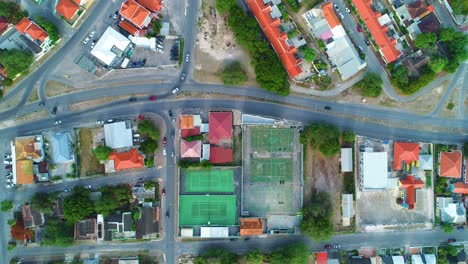 bird's eye view top down of intersecting roads and highways on tropical caribbean island