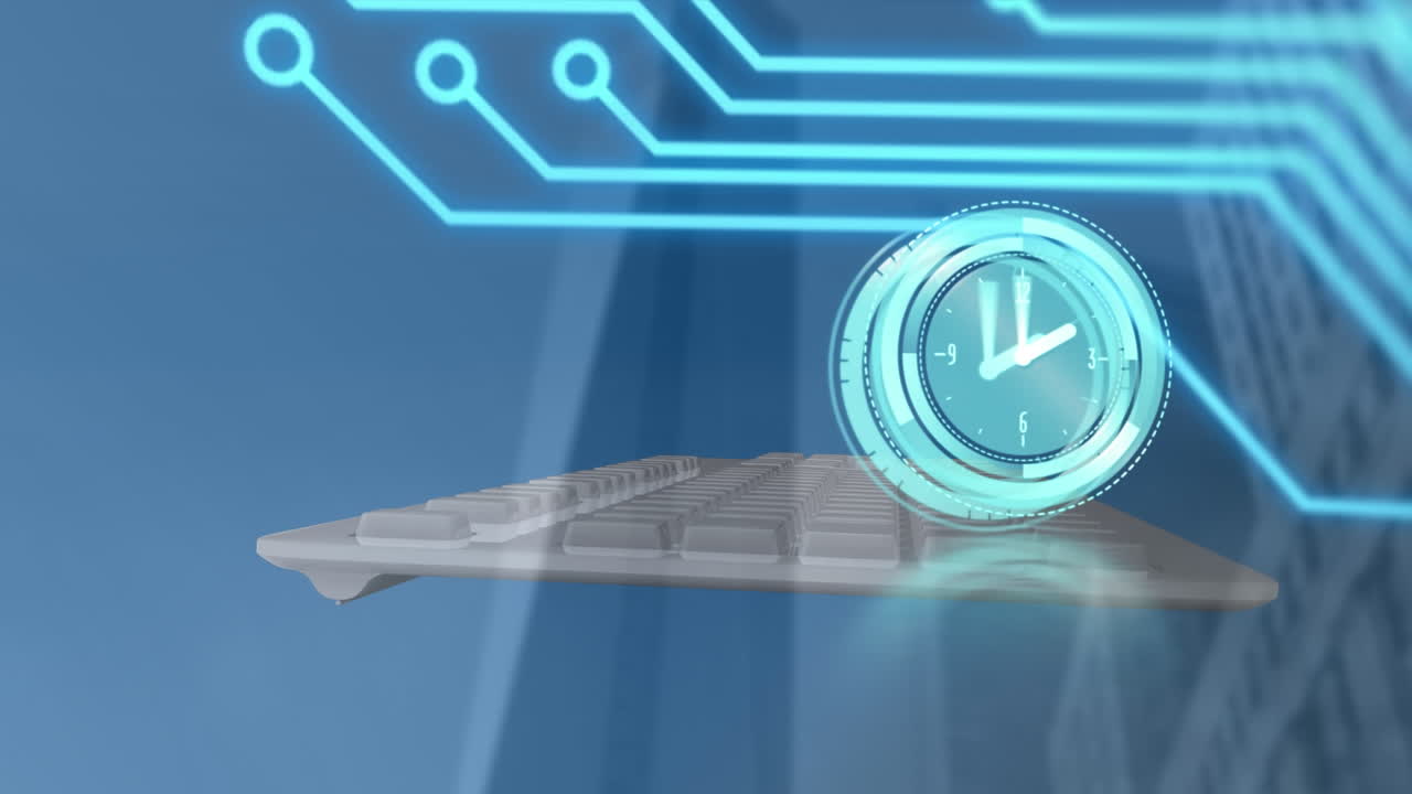 Animation of computer circuit board, clock moving fast and keyboard on blue background