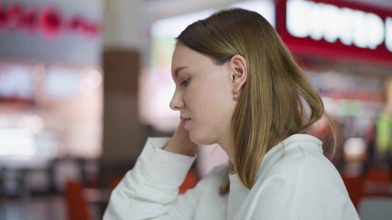 Side profile of a woman sitting in a mall with thoughtful expression, hand brushing her hair, surrounded by blurred vibrant decor, soft lighting, and a busy background