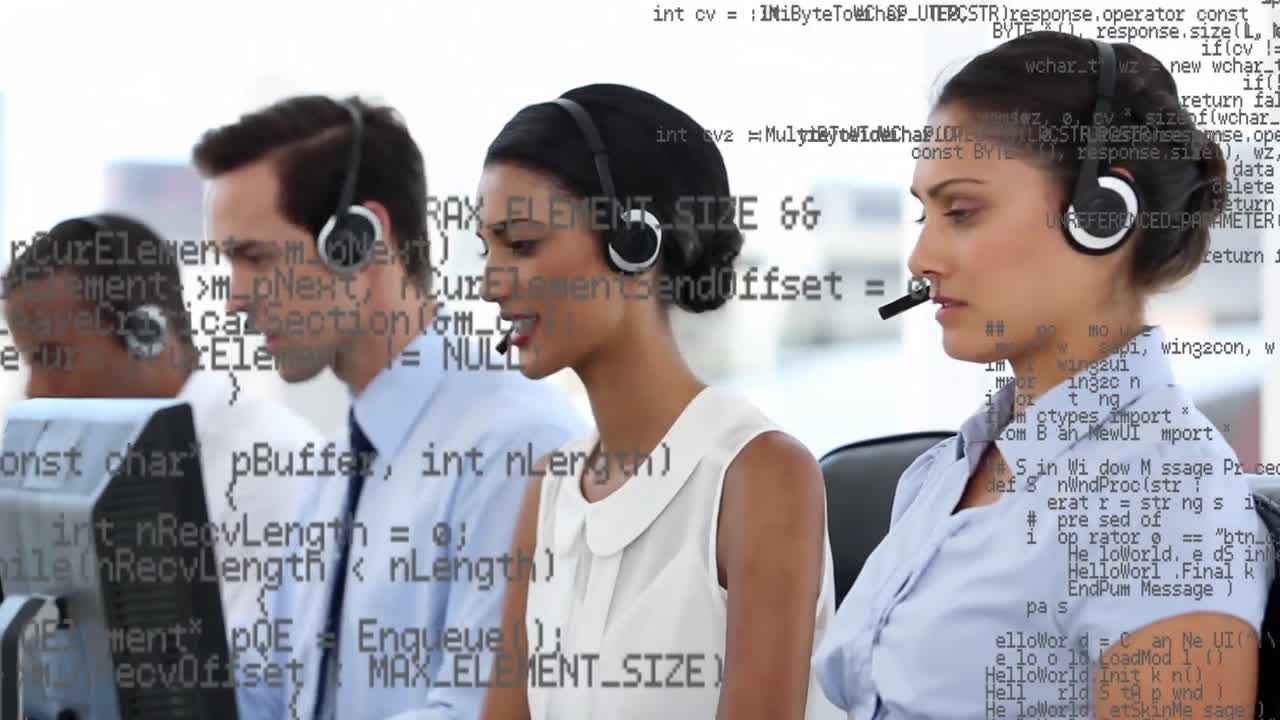 Animation of data processing over business people using phone headsets