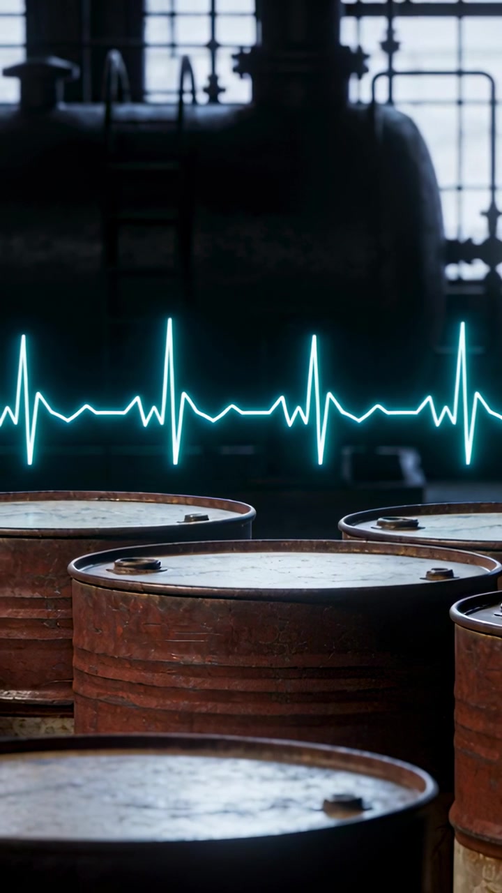 Video verticale: Durante la riproduzione, una forma d'onda ECG pulsante color verde acqua che scorre su una fabbrica, monitorando fusti arrugginiti.