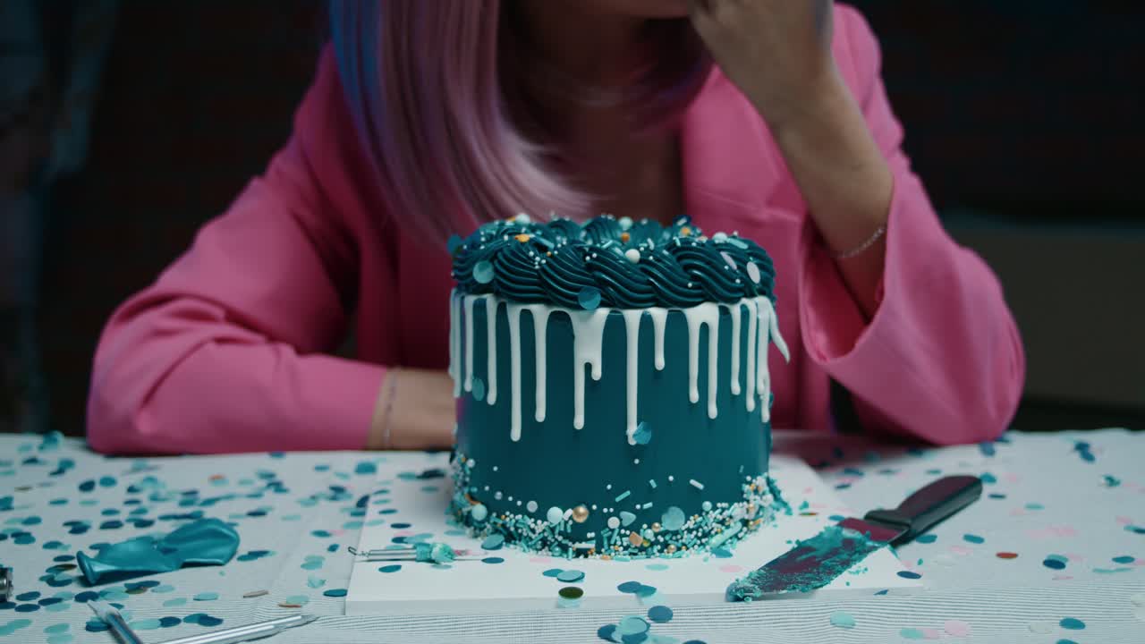 Woman Eating Teal Birthday Cake