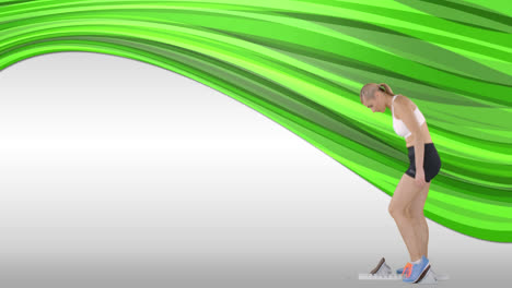 animation of female runner in starting blocks over glowing green trails on white background