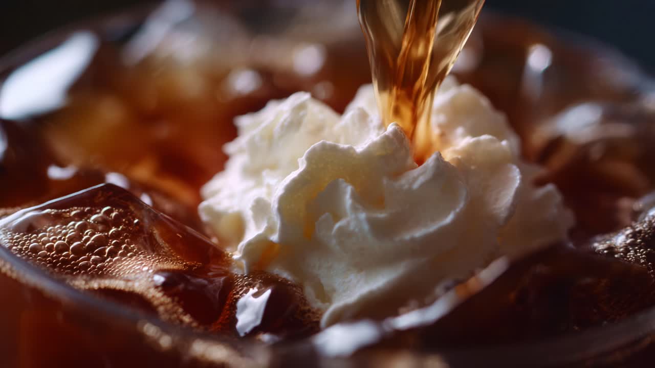 Deliciously Creamy Iced Drink Being Prepared with Rich Coffee Poured Over Whipped Cream and Ice Cubes, Perfect for Refreshing Moments on Warm Days