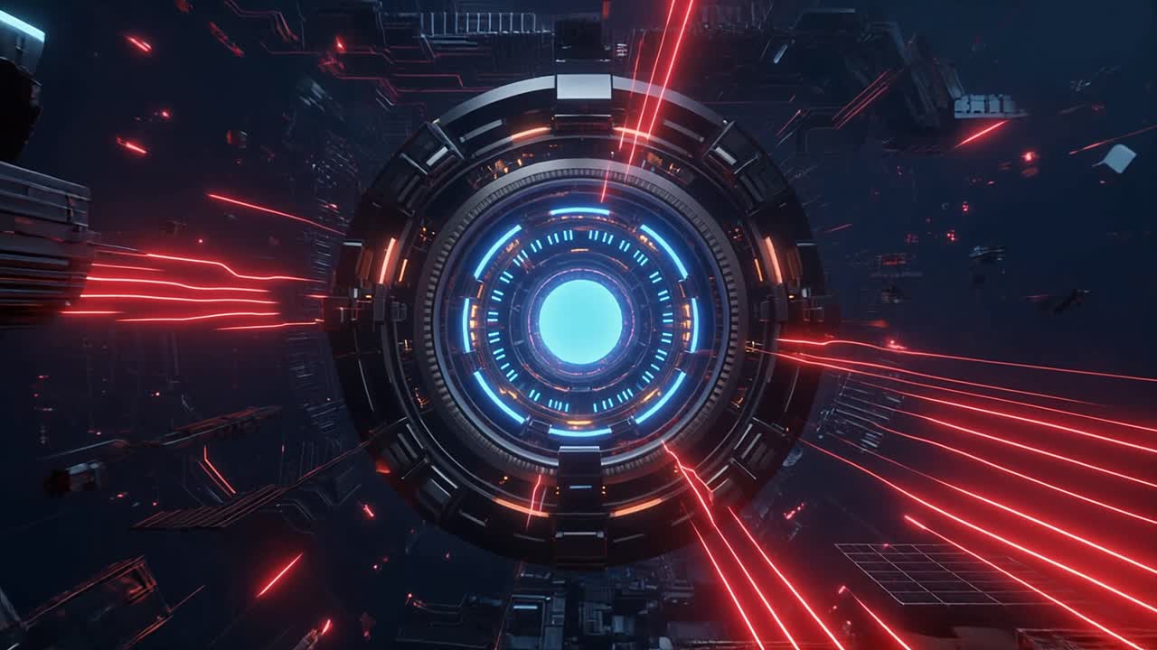 Abstrakt futuristisk portal med glødende blå kjerne og røde lasere