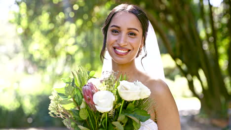 happy bride, face and flower bouquet outdoor