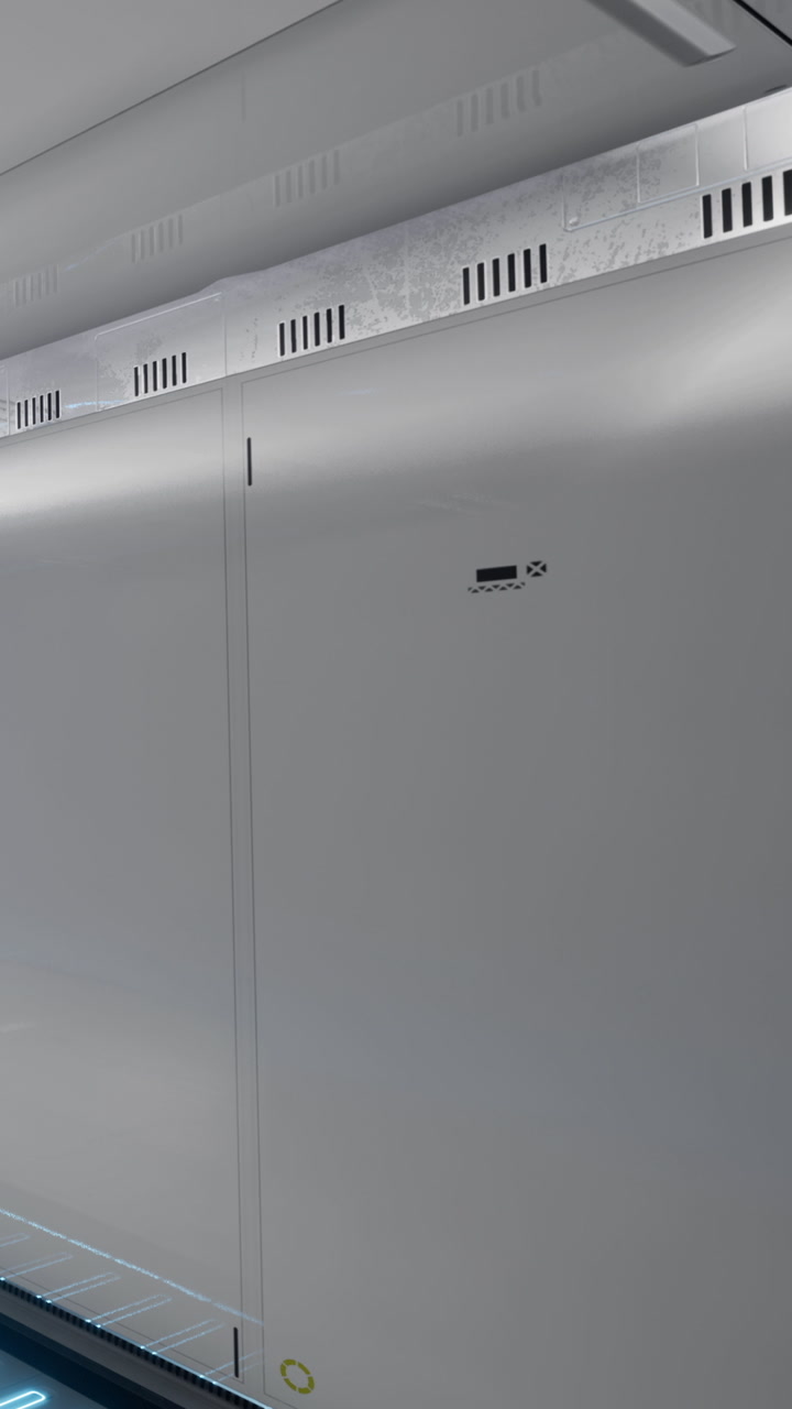 Futuristic hallway with sleek metallic walls and glowing floor designs