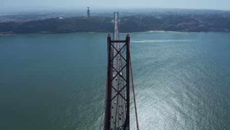 aerial top-down view of the ponte 25de abril and tagus river in lisbon, portugal