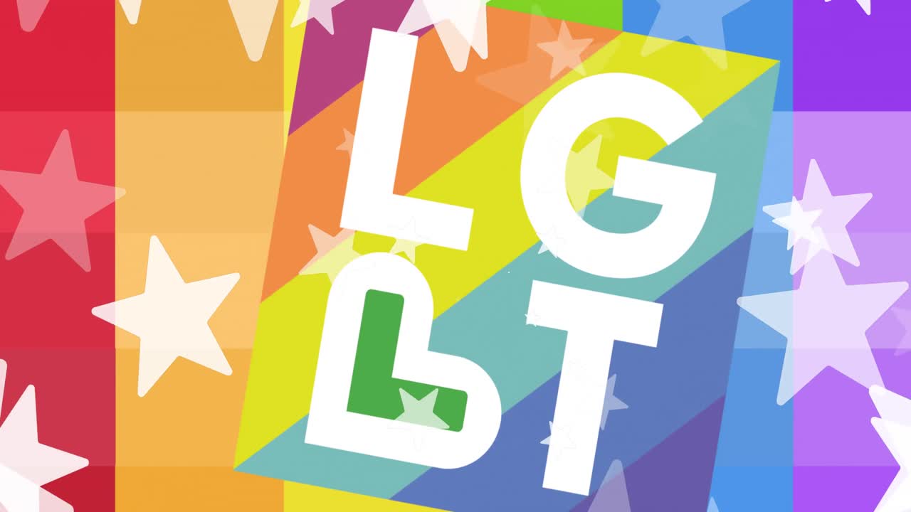 레인보우 배경에 lgbt 텍스트가 있는 별들의 애니메이션