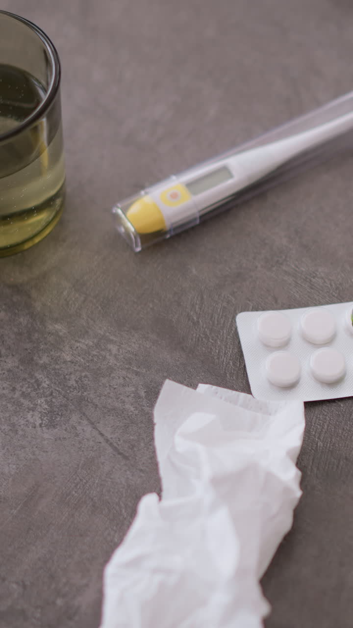 Close-up of medical equipment including used tissue, medication, and glass of water on table, indicating signs of illness recovery with the presence of health-related items