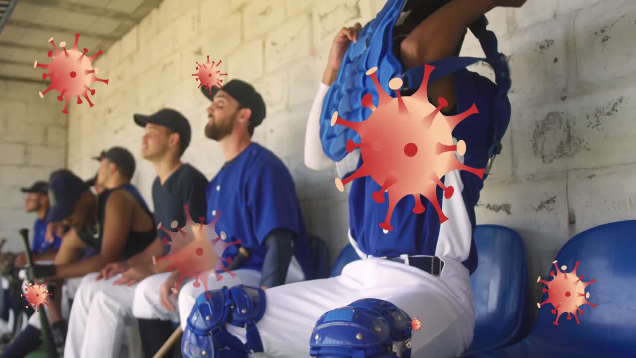 animación de células de virus sobre diversos jugadores de béisbol masculinos sentados