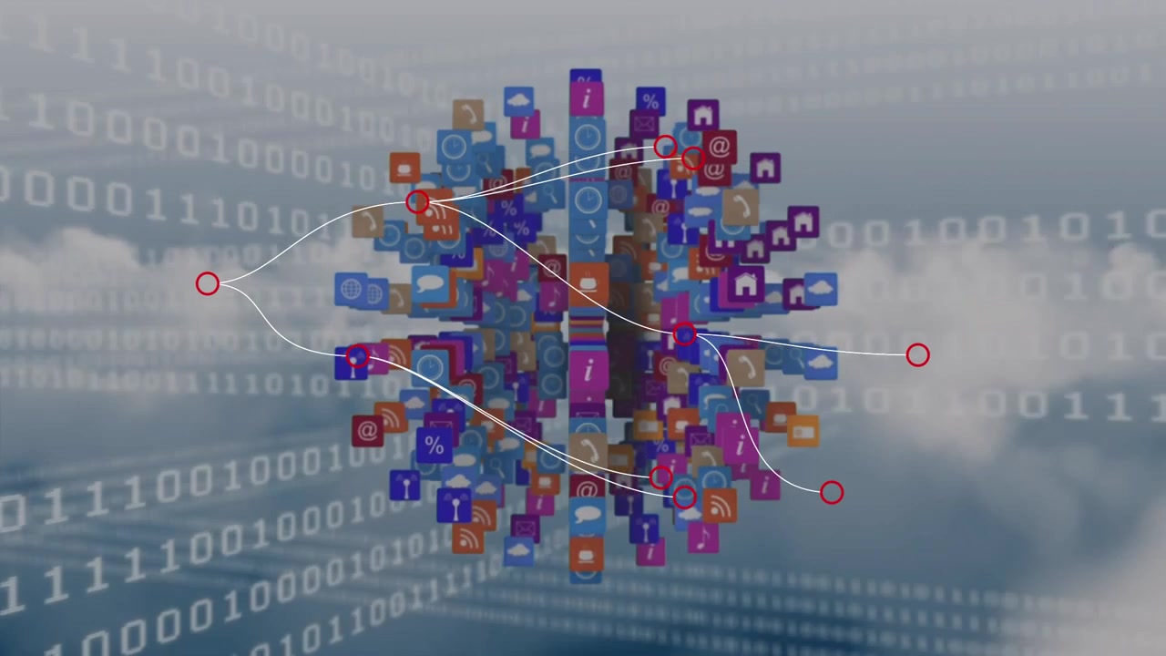 Sfera digitale di icone di social media con connessioni dati