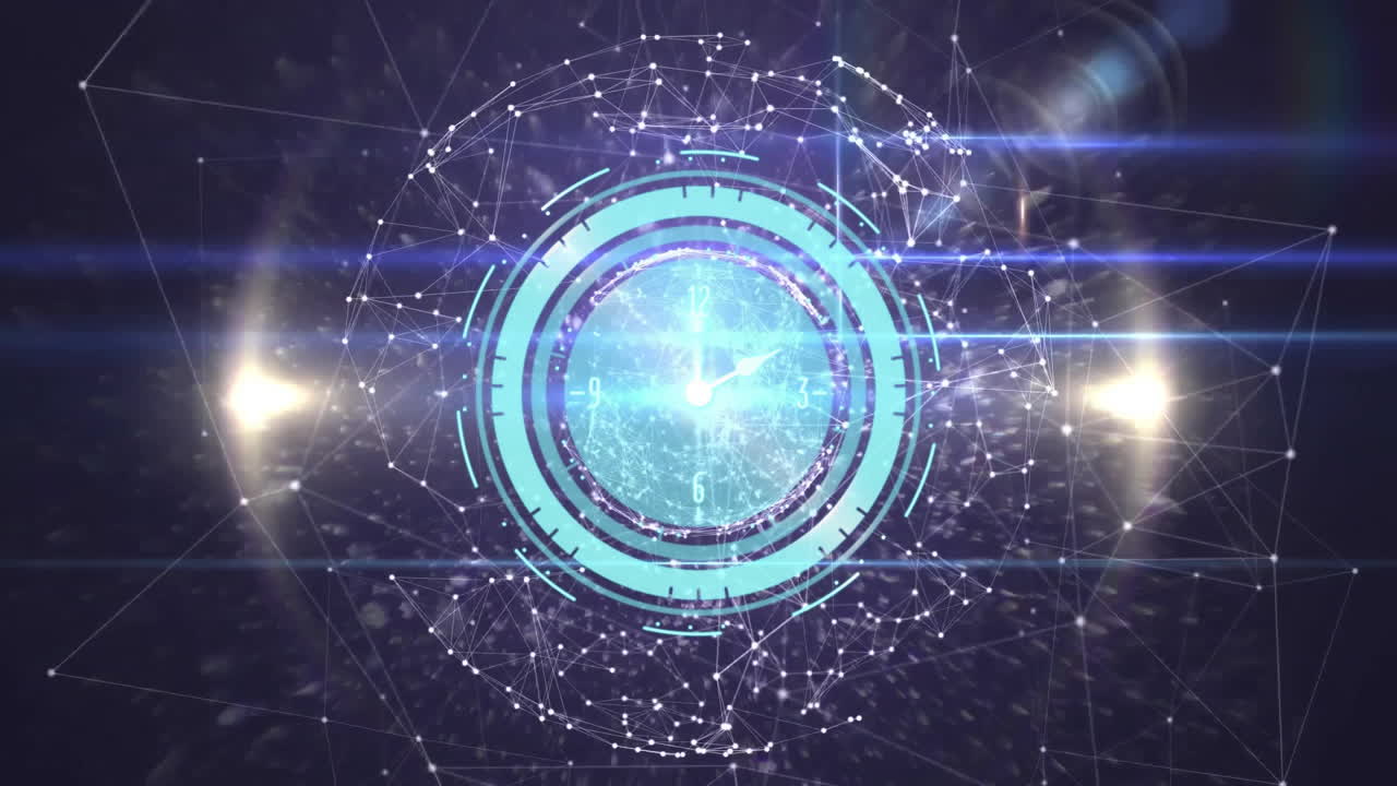 Glowing lights and network connections around futuristic digital clock animation