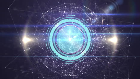 glowing lights and network connections around futuristic digital clock animation