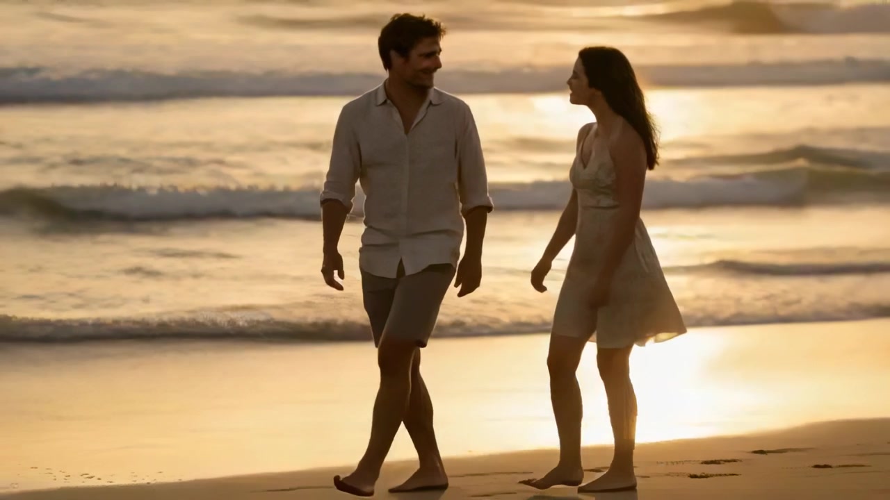 Stepping man urging couple joining and walking along beach, leaving footprints, shirt sundress