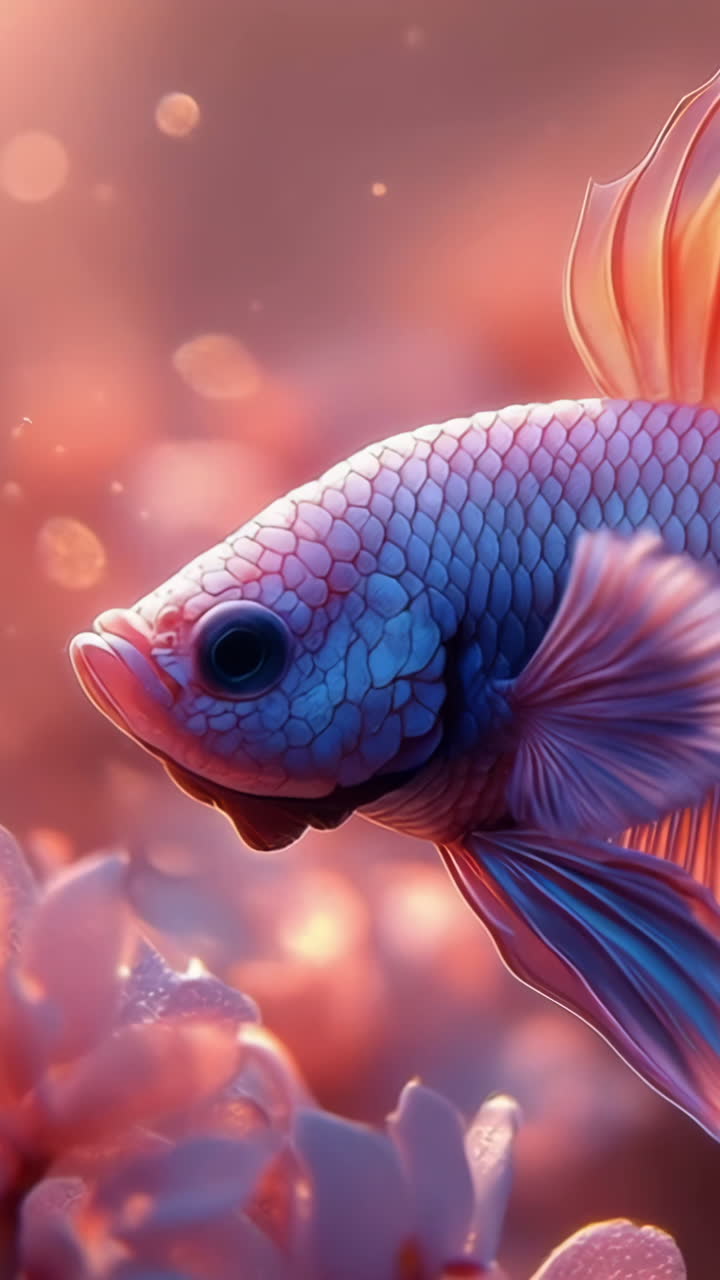 Colorful betta fish swims among blossoms. A vibrant betta fish glides through delicate blossoms, showcasing its striking fins and colors in soft light.