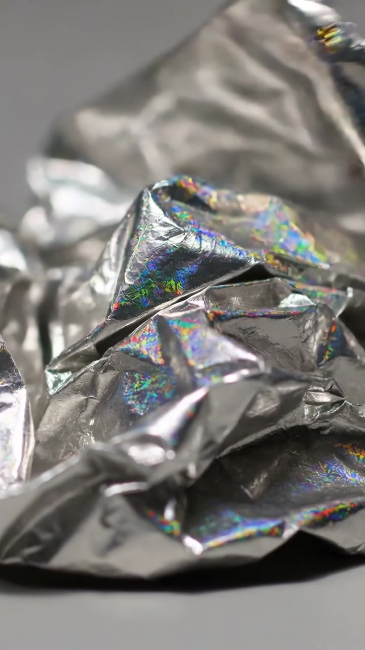 Vertical video: Shifting view revealing crumpled iridescent foil on gray table, rainbow flecks