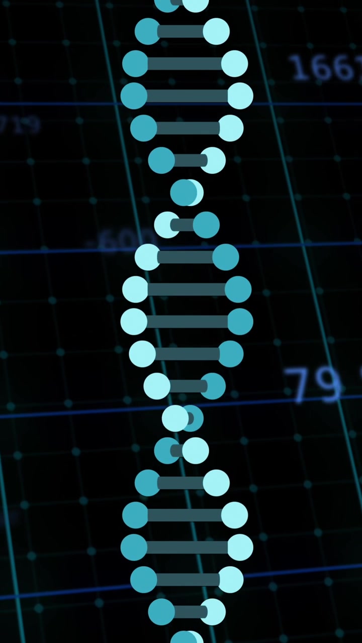 Animation of numbers and data processing and dna strands spinning