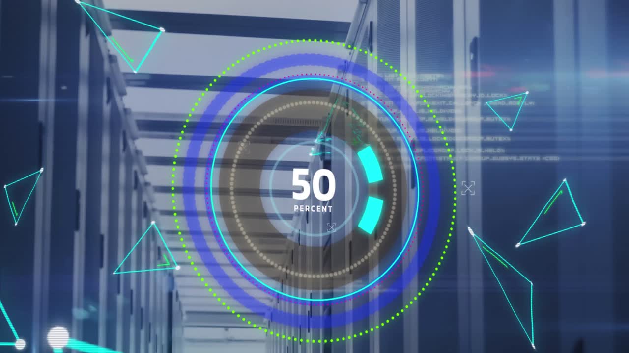 animación del texto en porcentaje, cuenta atrás de 0 a 100 en círculos de carga, puntos conectados, sala del servidor