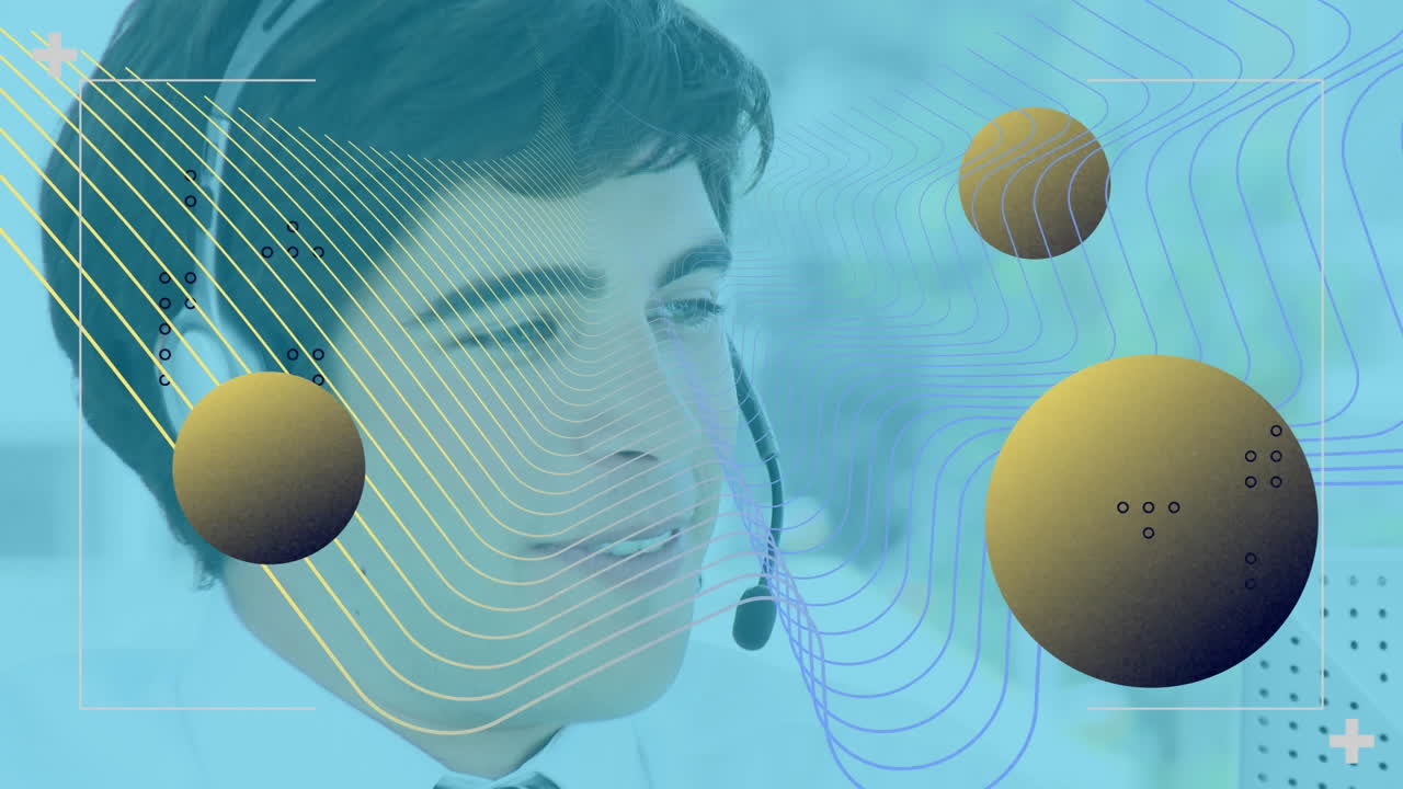 animación de formas sobre hombre de negocios caucásico usando auriculares de teléfono.
