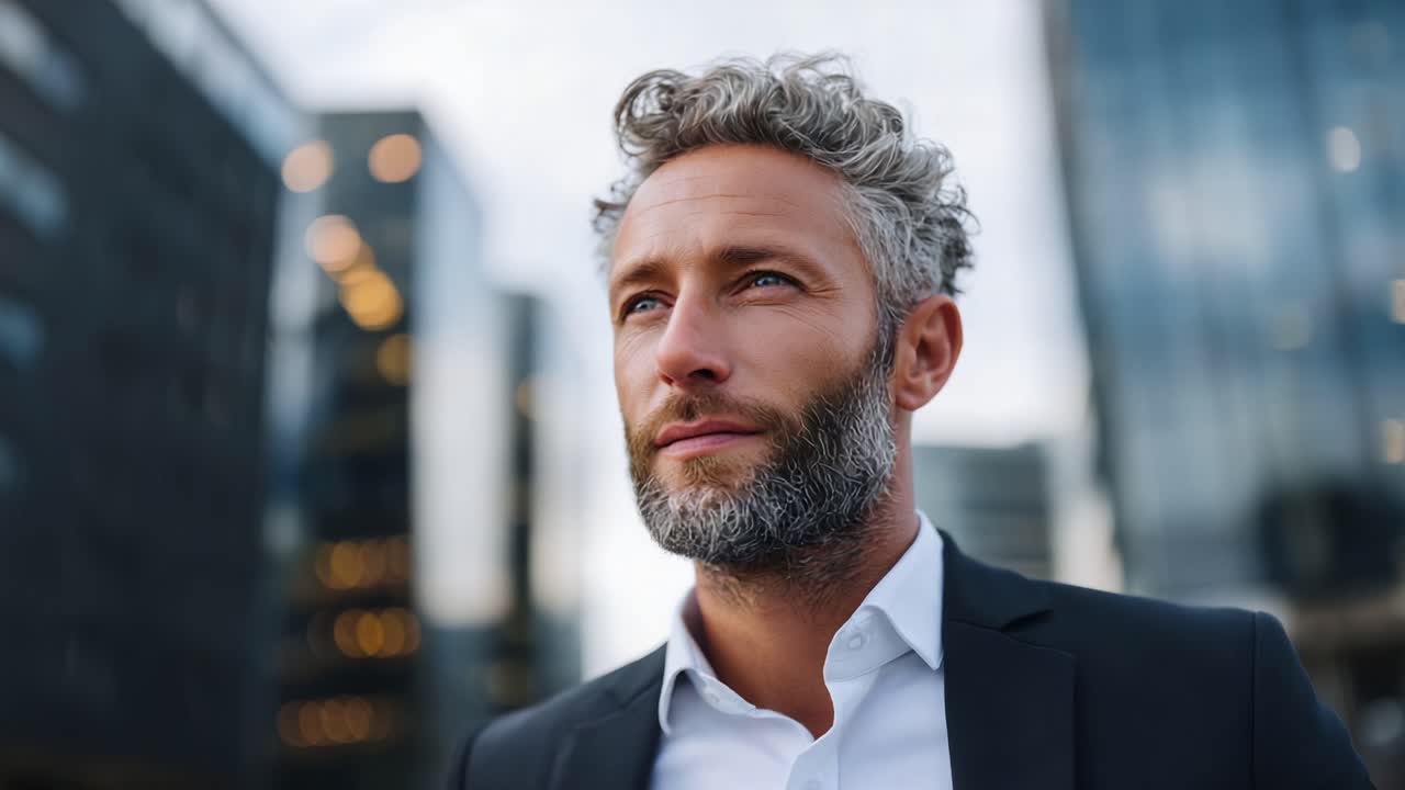 A Confident Businessman with Stylish Curly Hair Looking Ahead Amidst a Modern Urban Landscape of Glass Buildings, Embodying Ambition and Professionalism