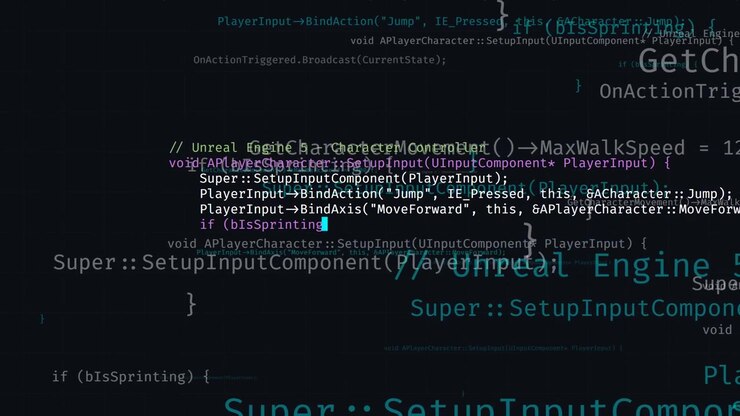 Kode sumber C++ yang bergulir di lingkungan pengembangan Unreal Engine