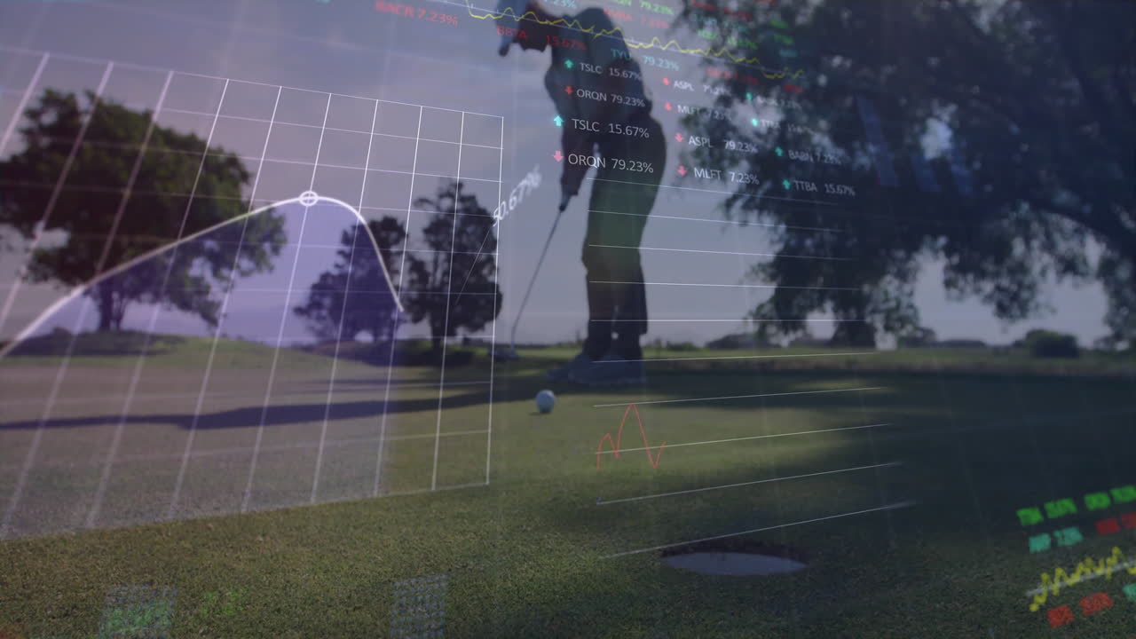 Male golfer lining up putt on golf green, integrating live finance line charts and stock symbols